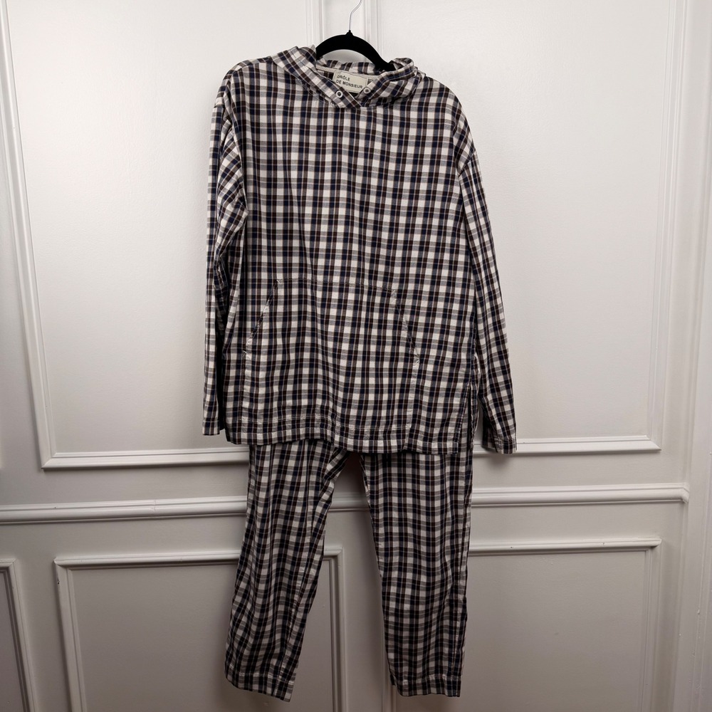 Drole de Monsieur Mens Plaid Hoodie and Pants Matching Set Blue‎ Brown Medium